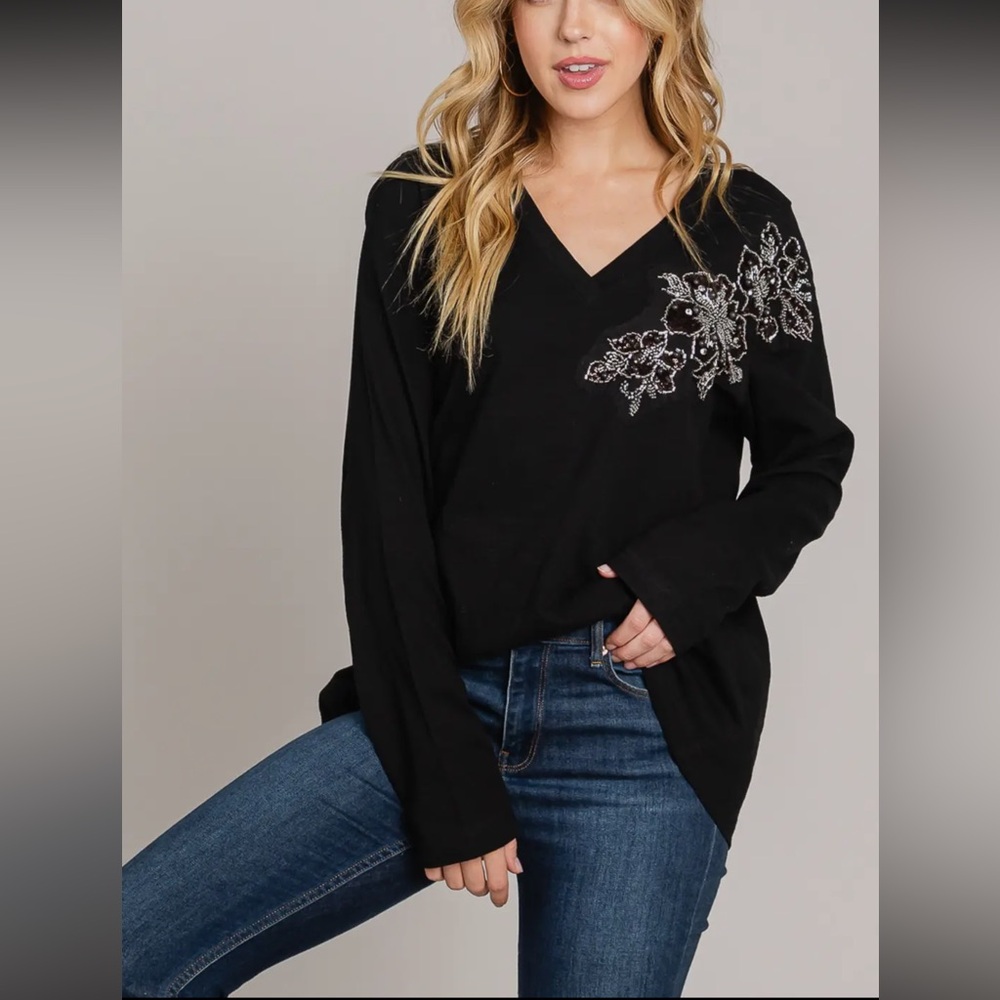Embroidered Black V-Neck Women's Top